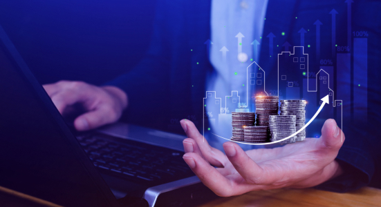 Financial analytics visualization with digital charts, coins, and growth indicators representing earnings and cost insights