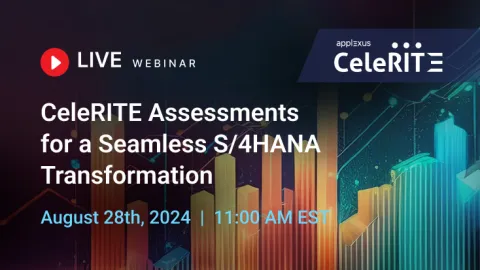 Colorful banner promoting CeleRITE Assessments webinar for S/4HANA transformation, featuring digital transformation visuals, business icons, and event details including date and time.