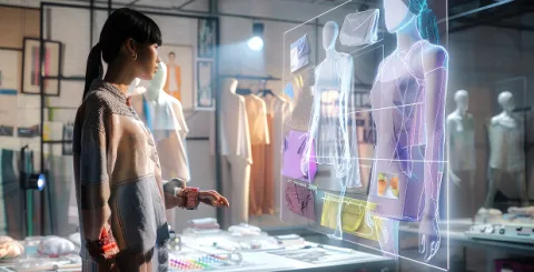 Lady viewing a transparent display of dresses on different models, representing hyper-personalization across fashion retail channels using SAP S/4HANA Fashion