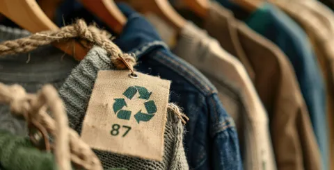 Clothes on hangers with recycled tags, representing sustainable fashion practices and value chain optimization using SAP S/4HANA Fashion