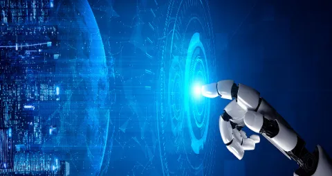 Robotic hand interacting with a futuristic digital interface representing AI-driven planning and collaboration