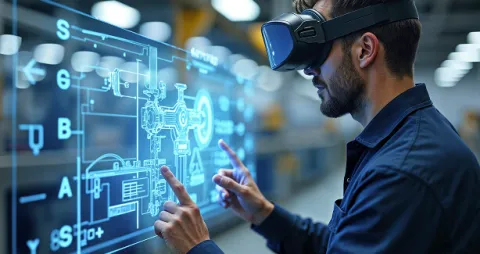 User operating an augmented reality interface with holographic data for predictive simulation and scenario modeling