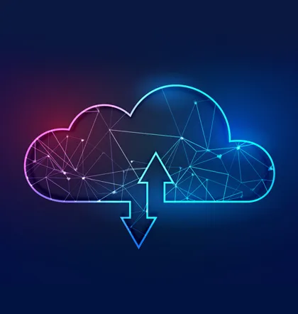 Neon-style digital illustration of a cloud with interconnected nodes and lines, symbolizing cloud computing and data networking