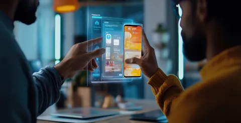 Photograph showing two people interacting with a smartphone and a transparent digital interface displaying app screens and data